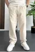 Erkek Beli Düğmeli Baggy Kalıp Pileli Pantolon Krem Edw357