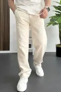 Erkek Beli Düğmeli Baggy Kalıp Pileli Pantolon Krem Edw357