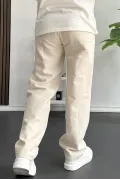 Erkek Beli Düğmeli Baggy Kalıp Pileli Pantolon Krem Edw357