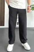 Erkek Beli Düğmeli Baggy Kalıp Pileli Pantolon Siyah Edw357