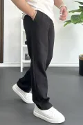 Erkek Beli Düğmeli Baggy Kalıp Pileli Pantolon Siyah Edw357