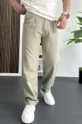Erkek Beli Düğmeli Baggy Kalıp Pileli Pantolon Yeşil Edw357