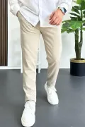 Erkek Beli Düğmeli Pamuklu Dar Kalıp Pantolon Bej Edw364