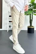 Erkek Beli Düğmeli Pamuklu Dar Kalıp Pantolon Bej Edw364