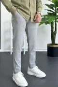 Erkek Beli Düğmeli Pamuklu Dar Kalıp Pantolon Gri Edw364