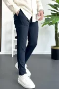 Erkek Beli Düğmeli Pamuklu Dar Kalıp Pantolon Lacivert Edw364