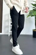 Erkek Beli Düğmeli Pamuklu Dar Kalıp Pantolon Siyah Edw364