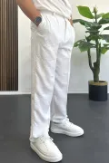 Erkek Beli Düğmeli Rahat Kalıp Yazlık Pantolon Beyaz Edw393