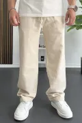 Erkek Beli Lastikli Baggy Kalıp Pantolon Krem Edw356