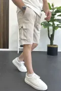 Erkek Beli Lastikli Cepli Şort Krem Edw388