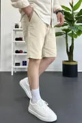 Erkek Beli Lastikli Keten Kumaş Şort Krem Edw370