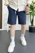 Erkek Beli Lastikli Keten Kumaş Şort Lacivert Edw370