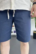Erkek Beli Lastikli Keten Kumaş Şort Lacivert Edw370