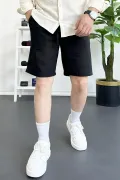Erkek Beli Lastikli Keten Kumaş Şort Siyah Edw370