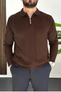 Erkek Çizgi Desenli Normal Kalıp Kazak Koyu Kahverengi Edw422
