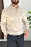 Erkek Çizgi Desenli Normal Kalıp Kazak Krem Edw422