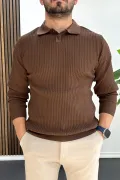 Erkek Desenli Esnek Kumaş Düğmeli Kazak Kahverengi Edw429