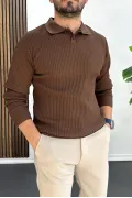 Erkek Desenli Esnek Kumaş Düğmeli Kazak Kahverengi Edw429