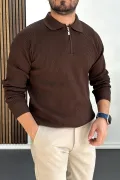 Erkek Desenli Esnek Kumaş Fermuarlı Kazak Kahverengi Edw428