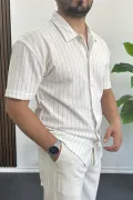 Erkek Dik Çizgili Kısa Kollu Gömlek Krem Edw387