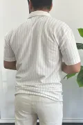 Erkek Dik Çizgili Kısa Kollu Gömlek Krem Edw387