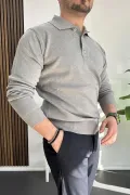 Erkek Düğmeli Polo Yaka Kazak Gri Edw231