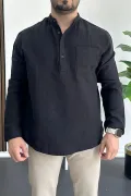 Erkek Hakim Yaka Yarım Patlı Cepli Gömlek Siyah Edw361