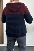 Erkek İçi Kürklü Kapüşonlu Fermuarlı Çift Renk Triko Hırka Lacivert T741