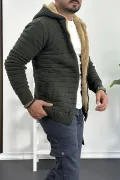 Erkek İçi Kürklü Kapüşonlu Fermuarlı Triko Hırka Yeşil T743