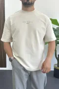 Erkek Kabartmalı Sırt Baskılı Oversize Tişört Krem Edw390