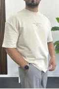 Erkek Kabartmalı Sırt Baskılı Oversize Tişört Krem Edw390