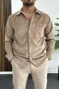 Erkek Kadife Kumaş Gömlek Açık Kahverengi Edw415