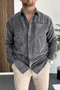 Erkek Kadife Kumaş Gömlek Füme Edw415