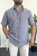 Erkek Kısa Kollu Keten Görünümlü Gömlek Mavi Edw389