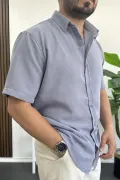Erkek Kısa Kollu Keten Görünümlü Gömlek Mavi Edw389
