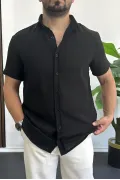Erkek Kısa Kollu Keten Görünümlü Gömlek Siyah Edw389