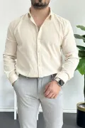Erkek Krinkıl Kumaş Gömlek Krem Edw362