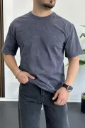 Erkek Oversize Geniş Kesim Yıkamalı Kumaş Nakış Logolu Tişört Füme Edw366