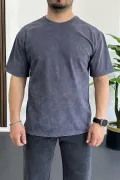 Erkek Oversize Geniş Kesim Yıkamalı Kumaş Nakış Logolu Tişört Füme Edw366