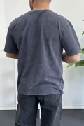 Erkek Oversize Geniş Kesim Yıkamalı Kumaş Nakış Logolu Tişört Füme Edw366