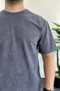 Erkek Oversize Geniş Kesim Yıkamalı Kumaş Nakış Logolu Tişört Füme Edw366