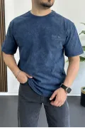 Erkek Oversize Geniş Kesim Yıkamalı Kumaş Nakış Logolu Tişört Mavi Edw366
