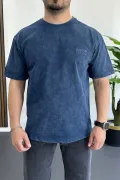 Erkek Oversize Geniş Kesim Yıkamalı Kumaş Nakış Logolu Tişört Mavi Edw366