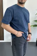 Erkek Oversize Geniş Kesim Yıkamalı Kumaş Nakış Logolu Tişört Mavi Edw366