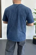 Erkek Oversize Geniş Kesim Yıkamalı Kumaş Nakış Logolu Tişört Mavi Edw366