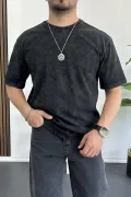 Erkek Oversize Geniş Kesim Yıkamalı Kumaş Nakış Logolu Tişört Siyah Edw366