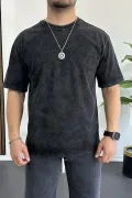 Erkek Oversize Geniş Kesim Yıkamalı Kumaş Nakış Logolu Tişört Siyah Edw366