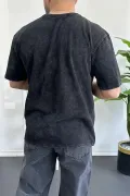 Erkek Oversize Geniş Kesim Yıkamalı Kumaş Nakış Logolu Tişört Siyah Edw366