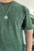 Erkek Oversize Geniş Kesim Yıkamalı Kumaş Nakış Logolu Tişört Yeşil Edw366