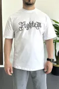 Erkek Oversize Ön ve Arka Kabartmalı Fighter Baskılı Tişört Beyaz Edw367